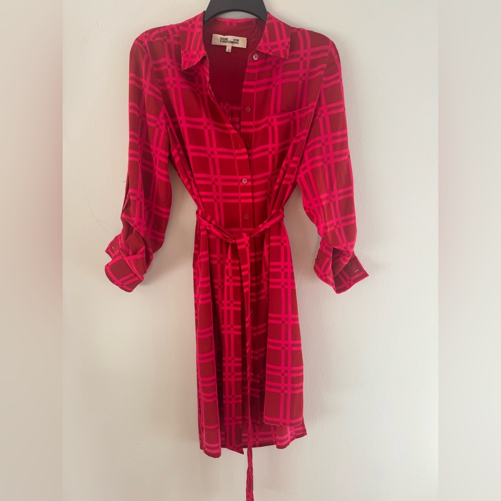Diane Von Furstenberg Silk Shirt Dress Pink and Red